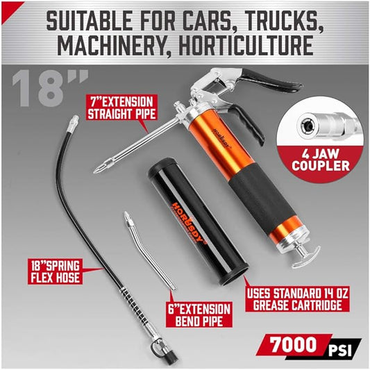 HORUSDY Heavy Duty Grease Gun with 14oz Grease Tubes  Grease Gun Flexible Hose  7000 PSI  18 Inch Spring Flex Hose  2 Working Coupler  2 Extension Rigid and 1 Sharp Type Nozzle Included