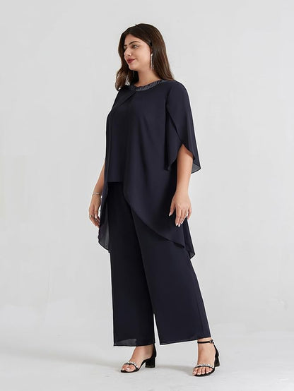 Hanna Nikole Plus Size Mother of The Bride Pant Suits 2 Piece Chiffon Sets Dressy Wedding Guest Outfit with High Low Hem