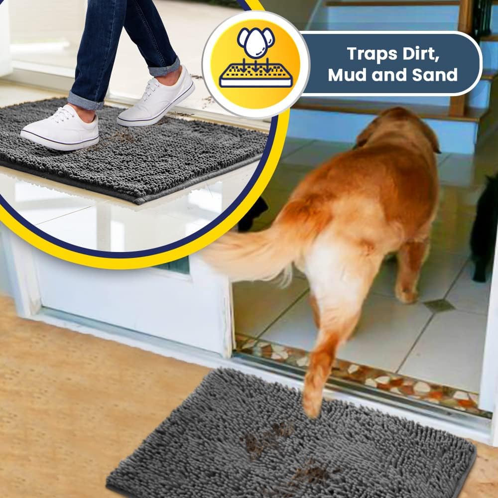 Muddy Mat® | Super Water Absorbent Door Mat Indoor, Microfiber Quick Dry Chenille Entryway Rug, Slip Resistant Front Door Mat, Indoor Mats for Entryway, Machine Washable Pet Rug, Grey 28"x18"