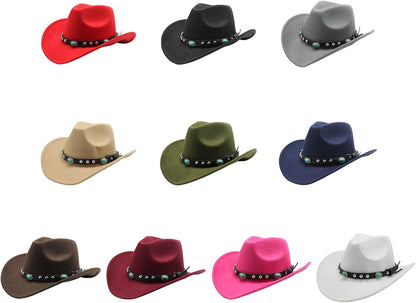 Cowgirl Cowboy Hat Women Men Vintage Wide Brim Fedora Hat, White belt with Turquoise stones