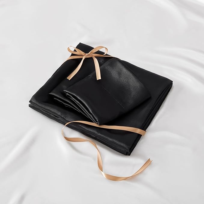 BEDELITE King Size Sheets Set, Luxury Soft Black Satin Sheets for Hair and Skin, Similar to Silk Bed Sheets Set 4 Pieces with 1 Deep Pocket Fitted Sheet, 1 Flat Sheet, and 2 Pillowcases