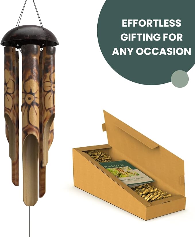 Rustic Bamboo Wind Chimes - Outside Outdoor Wooden Windchimes, Medium, Floral Burned Design with Coconut Crown, Handcrafted with Calming Deep Tones, Home Decor Ideal Gift for Him  Her