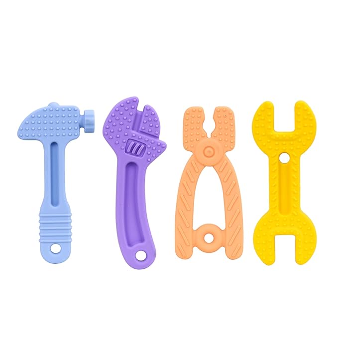 Hooku 4 Pack Silicone Teething Toys for Babies 3-6 Months, Teethers for Babies 6-12 Months, Hammer Spanner Wrench Pliers Tools Shape Sensory Chew Toys