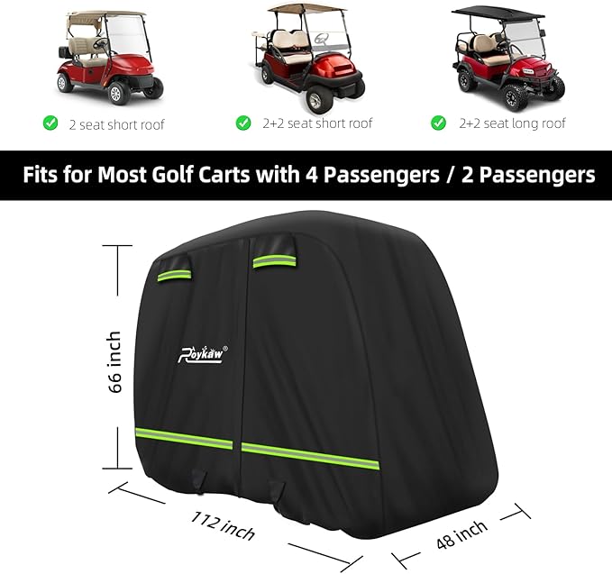 Roykaw Golf Cart Cover Superior 420D Waterproof Compatible with EZGO/Club Car/Yamaha & Most Brands 4 Passenger/2 Passenger Golf Cart,Reflective Strips/Two Windproof Straps/Three Sides Zipper Opening