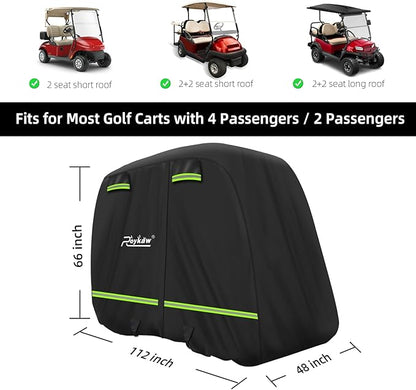Roykaw Golf Cart Cover Superior 420D Waterproof Compatible with EZGO/Club Car/Yamaha & Most Brands 4 Passenger/2 Passenger Golf Cart,Reflective Strips/Two Windproof Straps/Three Sides Zipper Opening