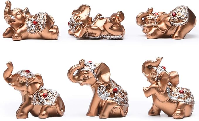 Brass Statu BRABUD Resin Small 6 Elephants Statues, Tabletop Decor, Gold Lucky Elephant Figurine, Home Office Shelf Decor Ornaments, Animal Lover Collectible Gift