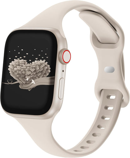 Slim Thin Band Compatible with Apple Watch 38mm 40mm 41mm 42mm 44mm 45mm 46mm 49mm, Replacement Silicone Sport Strap Wristbands for iWatch Series 9/8/7/6/5/4/3/2/1 Ultra/2 SE Women Men, Starlight