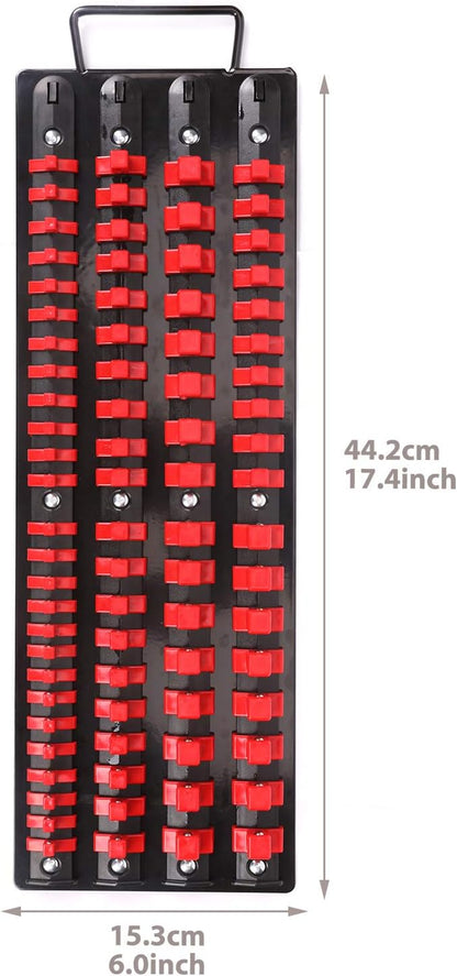 CASOMAN 80-Piece Portable Socket Organizer Tray, 1/4-Inch, 3/8-Inch, 1/2-Inch,Heavy Duty Socket Rail, Black Rails with Red Clips