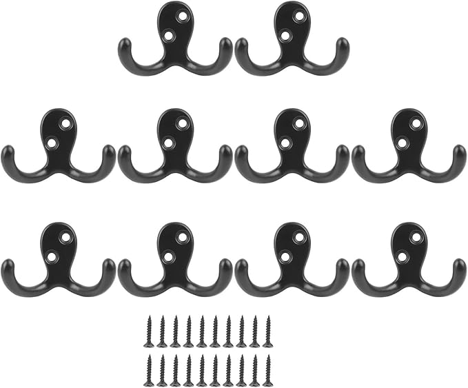 aqxreight 10pcs Black Double Prong Coat Hooks Wall Mounted Retro High Durability Zinc Alloy Wall Hooks for Bathroom Kitchen Double Prong Coat