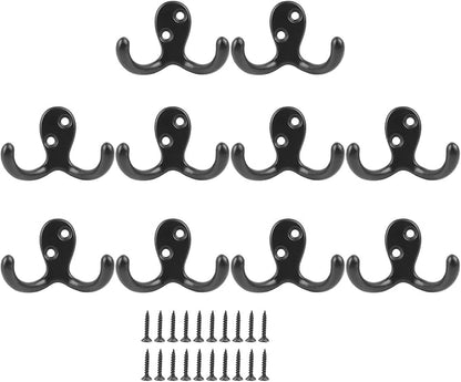 aqxreight 10pcs Black Double Prong Coat Hooks Wall Mounted Retro High Durability Zinc Alloy Wall Hooks for Bathroom Kitchen Double Prong Coat