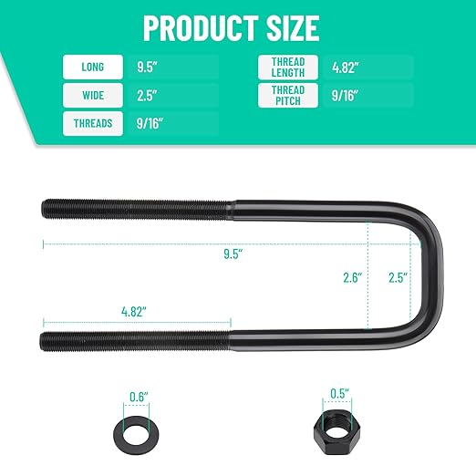 4pcs Extended Square Bend U-Bolts, 9.5" Long x 2.5" Wide x 9/16" Threads with Hardware