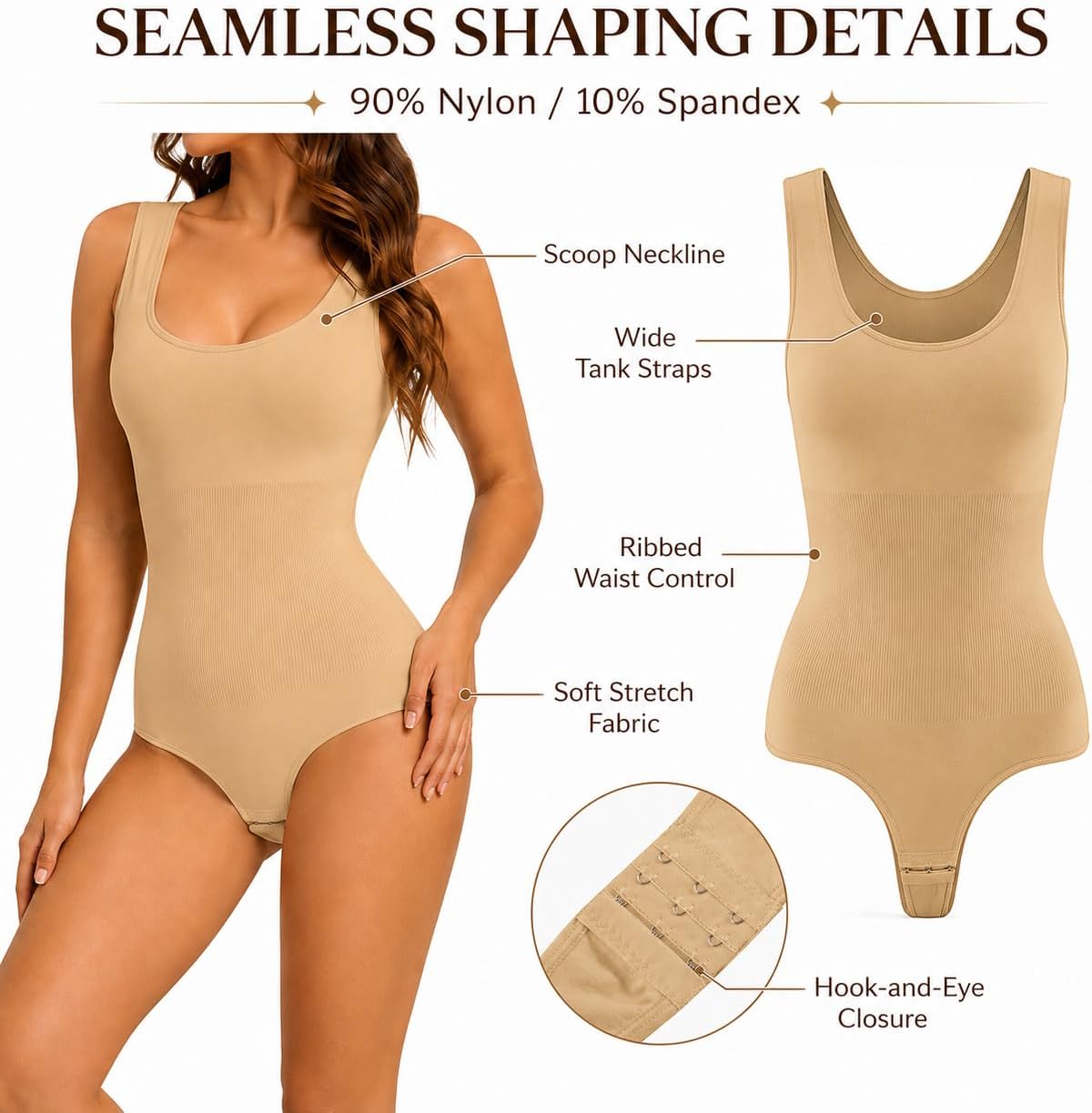 Large Size, JANSION Shapewear Bodysuit for Women Tummy Control Seamless Body Shaper Scoop Neck Tank Thong Bodysuit with Closure Underwear.