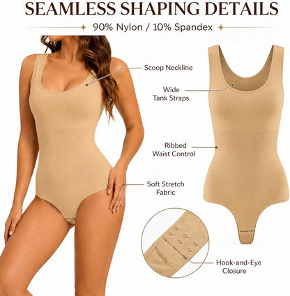 Large Size, JANSION Shapewear Bodysuit for Women Tummy Control Seamless Body Shaper Scoop Neck Tank Thong Bodysuit with Closure Underwear.