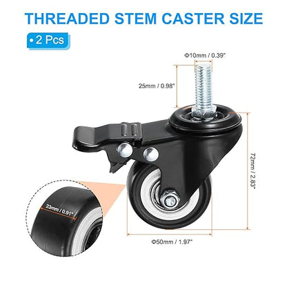 PATIKIL 2 Inch Stem Casters, 2 Pack PU Threaded Stem Caster Wheel with Brake 360 Degree Rotation M10 x 25mm for Rolling Cart Cart Wheels Furniture Replacement