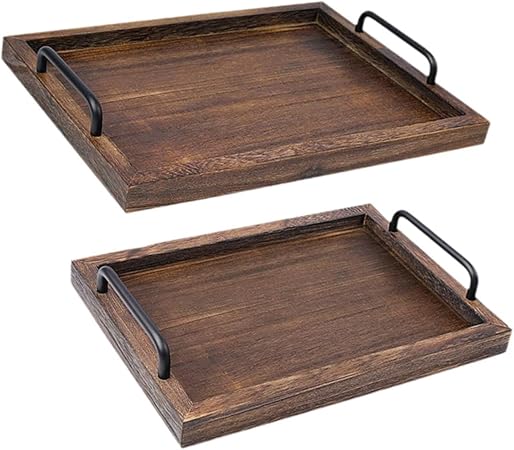 2Pcs Rustic Wooden Serving Trays Farmhouse Decor Multipurpose Rectangular Serving Platters with Handles for Food Tea Coffee, black brown