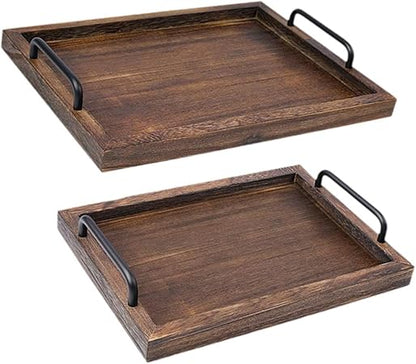 2Pcs Rustic Wooden Serving Trays Farmhouse Decor Multipurpose Rectangular Serving Platters with Handles for Food Tea Coffee, black brown