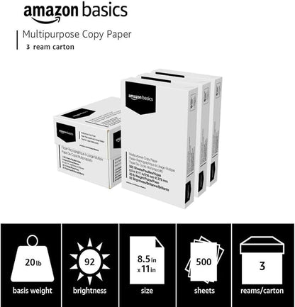 Basics Multipurpose Copy Printer Paper, 20 lb, 8.5 x 11 Inches, 3 Reams (1,500 Sheets), 92 Bright White for Home Use