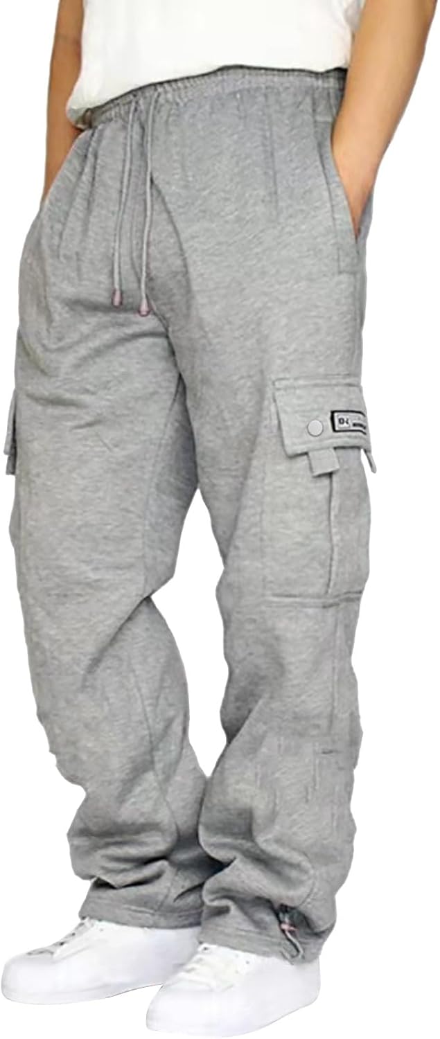Men's Heavyweight Cargo Fleece Sweatpants Athletic Running Fashion Trousers Drawstring Loose Fit Joggers with Pockets