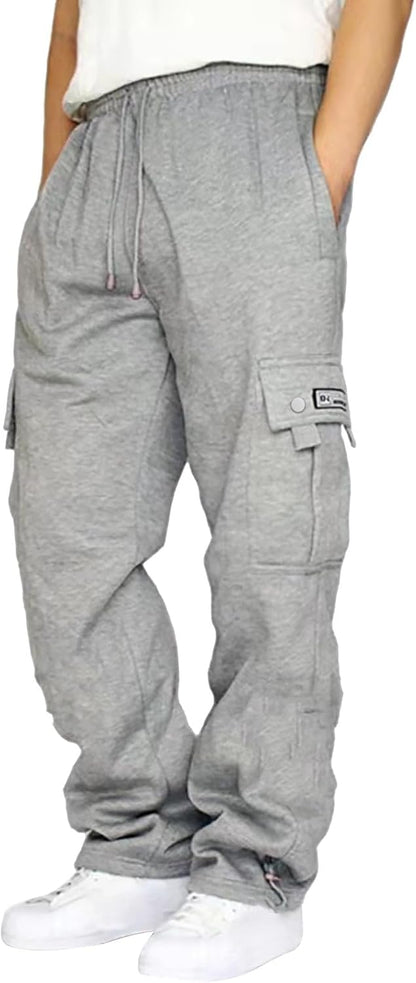 Men's Heavyweight Cargo Fleece Sweatpants Athletic Running Fashion Trousers Drawstring Loose Fit Joggers with Pockets