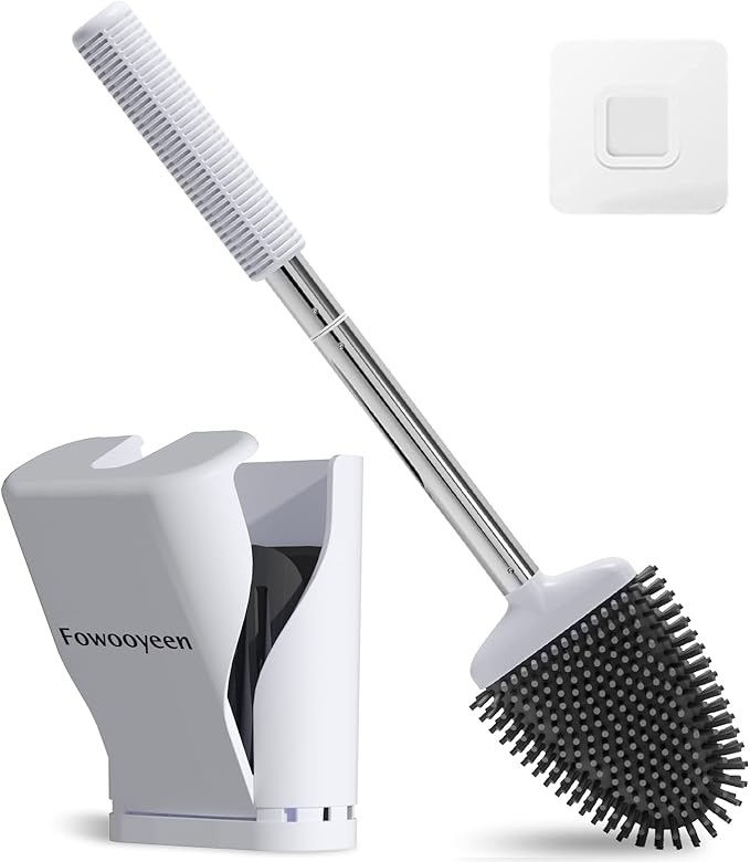 Fowooyeen Silicone Toilet Brush and Holder Set, Automatic Toilet Bowl Brushes with Ventilation Slots Base for Bathroom Cream