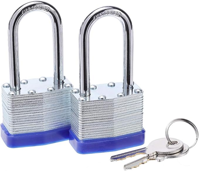 Laminated Steel Key Lock, 1-916 in. Wide Body, 2 Padlocks Keyed Alike,Long Shackle