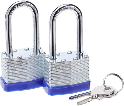Laminated Steel Key Lock, 1-916 in. Wide Body, 2 Padlocks Keyed Alike,Long Shackle