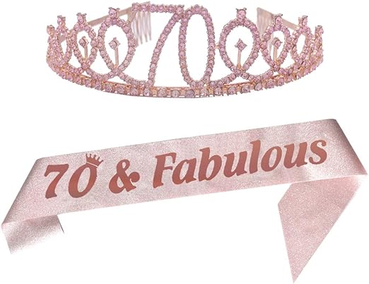 70th Pink Birthday Tiara and Sash Happy 70th Birthday Party Supplies 70th Pink Birthday Glitter Satin Sash and Crystal Tiara Princess Birthday Crown for Girls 70th Birthday Party Decorations