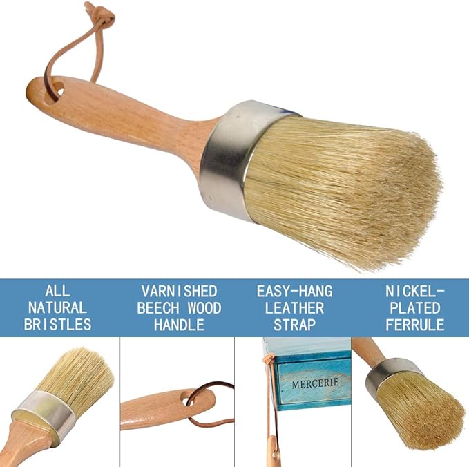 Chalk and Wax Paint Brush, Large 2-in-1 Round Natural Bristles Painting Tool for DIY Furniture, Stencils, Home Decor, Wood Projects, Wax Finishing
