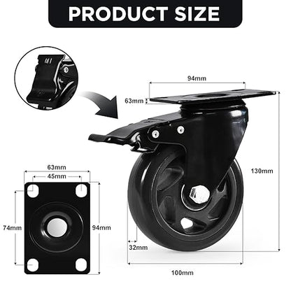 Caster Wheels, Heavy Duty 4 Inch Casters Set of 2, Locking Swivel Casters Wheels for Cart, Furniture and Workbench, Black