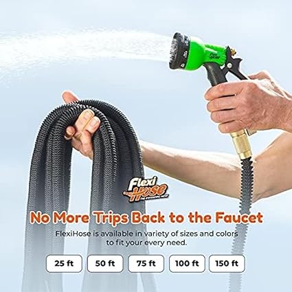 Flexi Hose Lightweight Expandable Garden Hose, No-Kink Flexibility, 34 Inch Solid Brass Fittings and Double Latex Core (150 FT, Black)