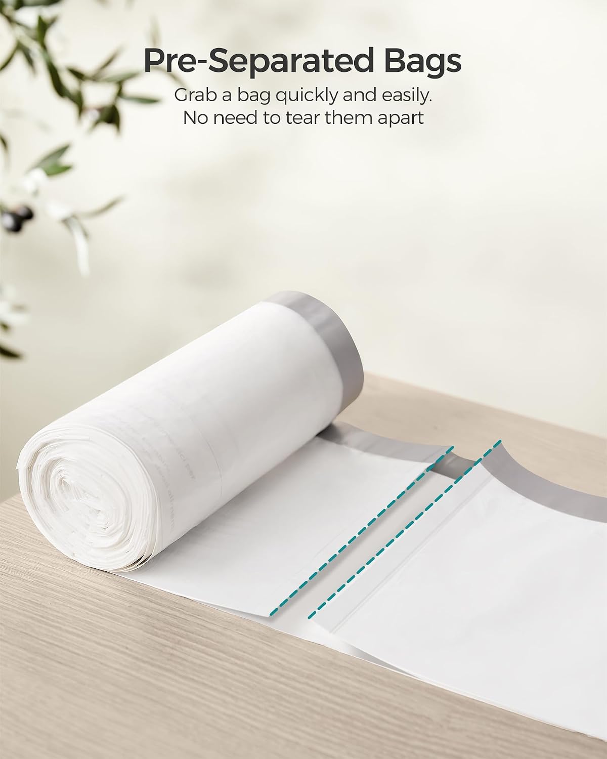SONGMICS Trash Bags for 8-Gallon (30 L) Trash Cans, Drawstring Kitchen Garbage Bags, Pre-Separated, Liner Code 30A, 1 Roll, 45 Count, White UKRB30A