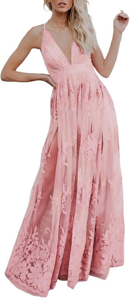 Cream Color With Pink Flowers Dokotoo Womens Formal Dresses Deep V-Neck Embroidered Lace Mesh Evening Party Prom Dress Long Wedding Dress