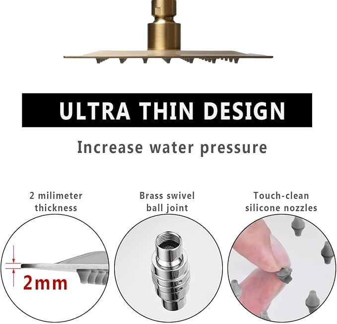 6 Inch Rain Shower Head, BSTIIU High Flow Stainless Steel Square Rainfall ShowerHead, High Pressure Overhead Shower Heads, Wall & Ceiling Mount Ultra Thin Stainless Steel Shower Head, Brushed Gold