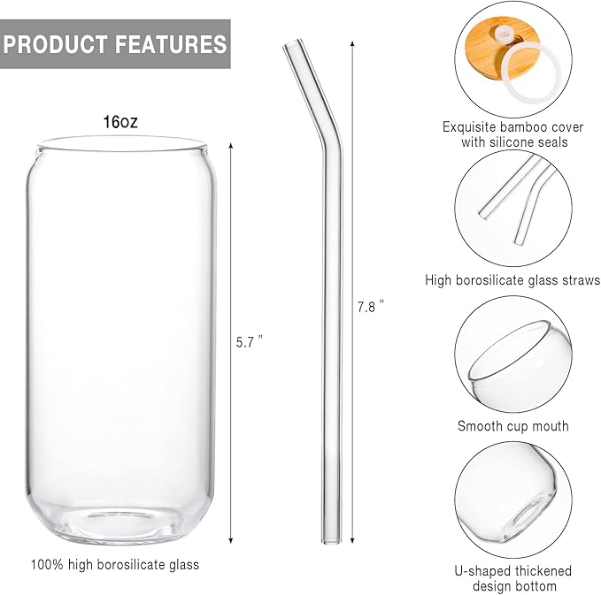 1 Pack Glass Cup, 16oz Drinking Glass with Bamboo Lid and Straw, Beer Tumbler for Mojito Soda Smoothies Whiskey Iced Coffee Cocktail Tea Juice
