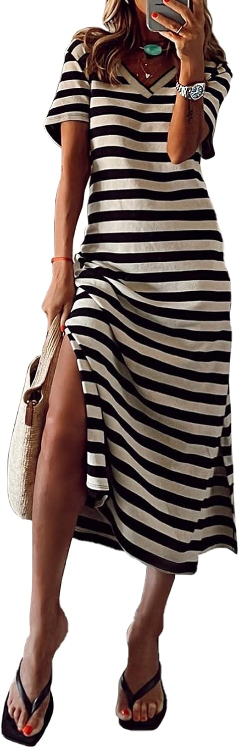 MARZXIN Women 2025 Casual Maxi Dress Short Sleeve V Neck Stripe Sundress Split Loose Long Summer Tshirt Activewear Dress