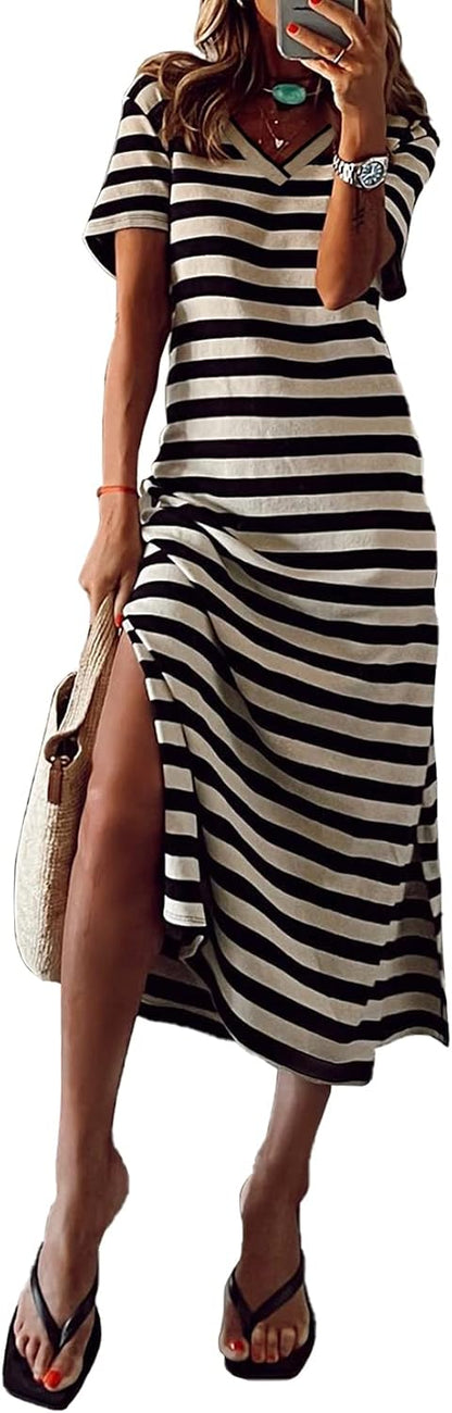 MARZXIN Women 2025 Casual Maxi Dress Short Sleeve V Neck Stripe Sundress Split Loose Long Summer Tshirt Activewear Dress