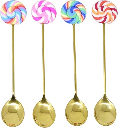 Honbay 4PCS Creative Lollipop Stainless Steel Spoon Coffee Spoon Dessert Spoon Ice Cream Spoon Sugar Spoon Mixing Spoon for Home, School, Office or Restaurant