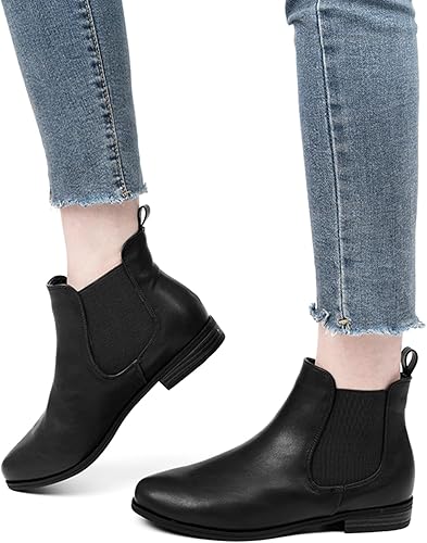 VJH confort Women's Slip on Ankle Boot, Western Almond Round Toe Low Heel Elastic Chelsea Bootie