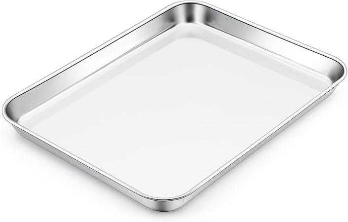 E-far Toaster Oven Tray, 10.5x8.3 Stainless Steel Small Baking Cookie Sheet, Compact Non-toxic Metal Baking Pan for Cake, Healthy  Rust Free, Mirror Finish  Dishwasher Safe, 1 Pack