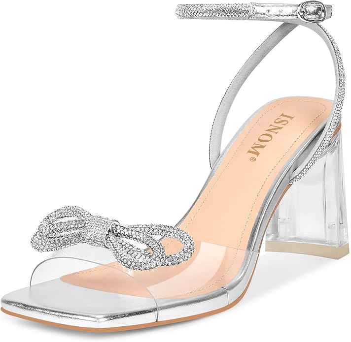 ISNOM Clear Heels for Women with Square Toe, Wedding Heels with Bow | Chunky Heels, Sparkly Heels, PVC, Party, Festive, Gift, Paired with Daily Wear, Wearing It All Day