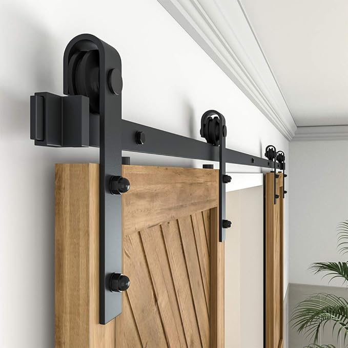 WINSOON 7.5FT Barn Door Hardware Kit: Double Sliding Door Hardware - Black Barn Door Track Kit - Carbon Steel Heavy Duty Door Rail - J-Shape Easy to Install for 45" Closet Panel(No Door)
