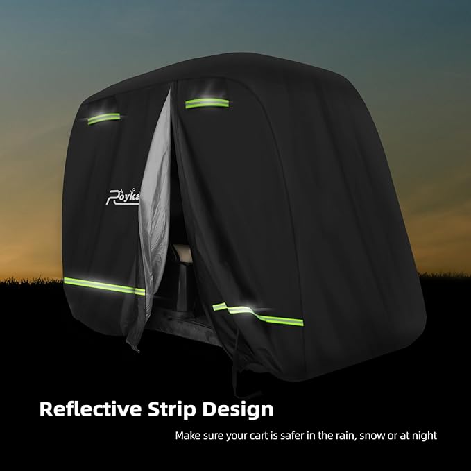 Roykaw Golf Cart Cover Superior 420D Waterproof Compatible with EZGO/Club Car/Yamaha & Most Brands 4 Passenger/2 Passenger Golf Cart,Reflective Strips/Two Windproof Straps/Three Sides Zipper Opening