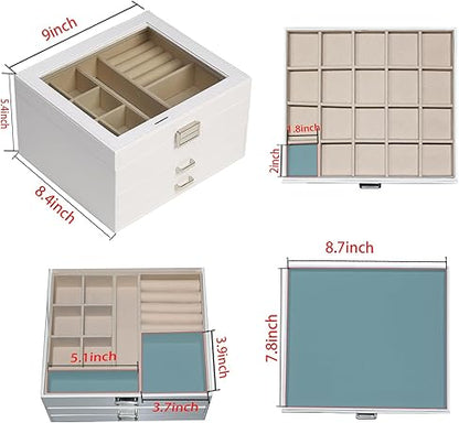 BOOVO Clear Lid Jewelry Box,3 Layers Jewelry Organizer Large Multi-Functional Jewelry Storage Box with 2 Drawers,Jewelry Display Case of Rings Earrings Necklace Bracelets for Women Girls (White)