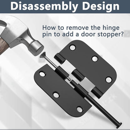 HOSOM 12 Pack Rounded Matte Black Door Hinges 3.5 x 3.5 inch with 5/8 Radius, Black 3 1/2 Interior Door Hinges, 3 ½"x 3 ½" Hardware