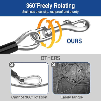Pawaboo Dog Tie Out Cable, 25ft Dog Runner Cable Dog Leads for Small to Large Dogs Up to 125 Pounds, Heavy Duty Dog Leash Run Tether with 360A Swivel Hook and Shock Spring (125lbs, 25ft, Silver)