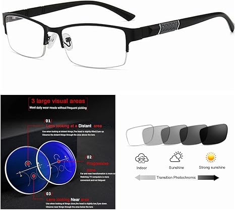 Multifocal Progressive Men's Rectangle Metal Anti UV Transition Photochromic Varifocal Reading Glass