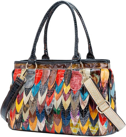 3D Multicolored Leaves Handbag for Women Cow Patent Leather Shoulder Purse Colorful Spliced Snake Print Crossbody Bag