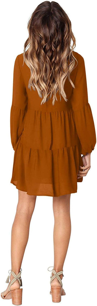 Amoretu Women's Long Sleeve V-Neck Swing Tunic Dress