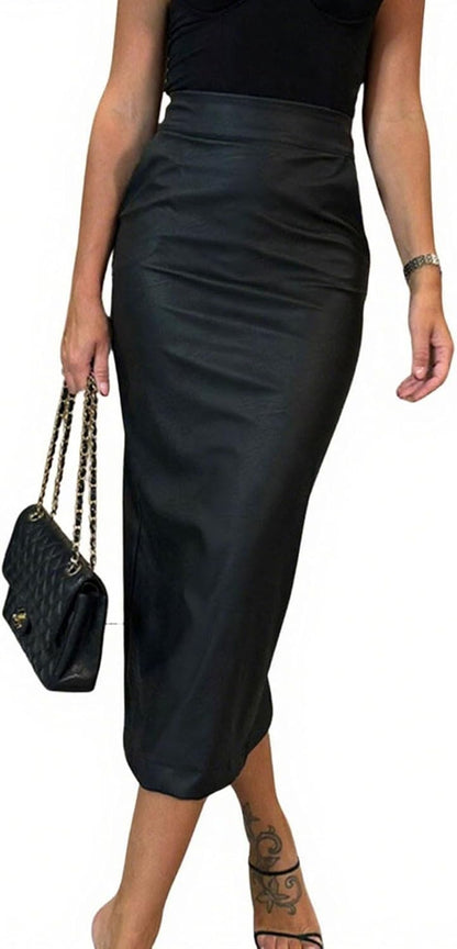 utcoco Womens Long Faux Leather Skirt Bodycon High Waist Slim Pencil Midi Skirt.