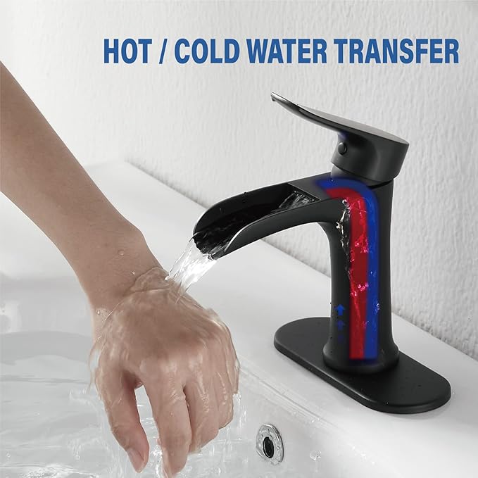 Yundoom Matte Black Bathroom Faucet,Bathroom Sink Faucet,Waterfall Bathroom Faucet,Single Hole Or 3 Hole Bathroom Faucet with 4 Inch Deck Plate,Farmhouse Rv Brass Bathroom Faucet,BF02.